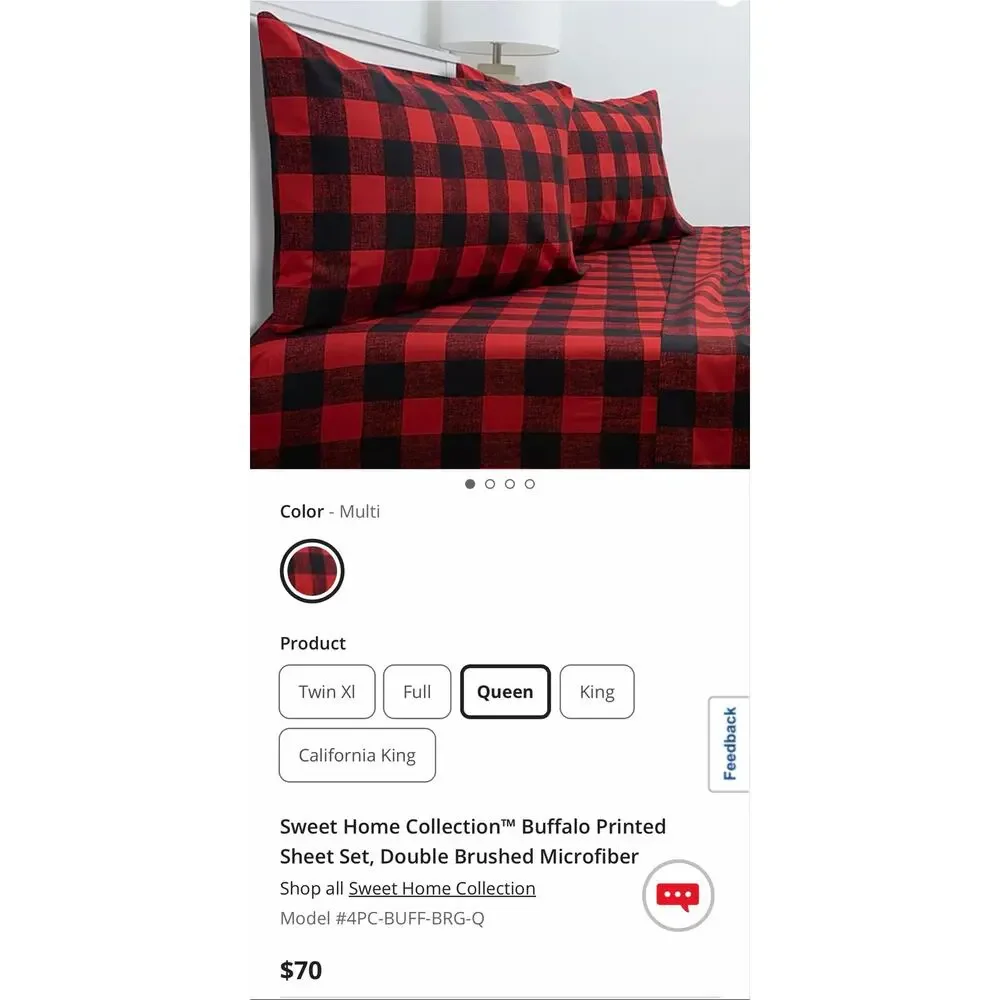 NEW! Sweet Home Collection Classic Buffalo Plaid 4PC Printed Bed Sheet Set Queen